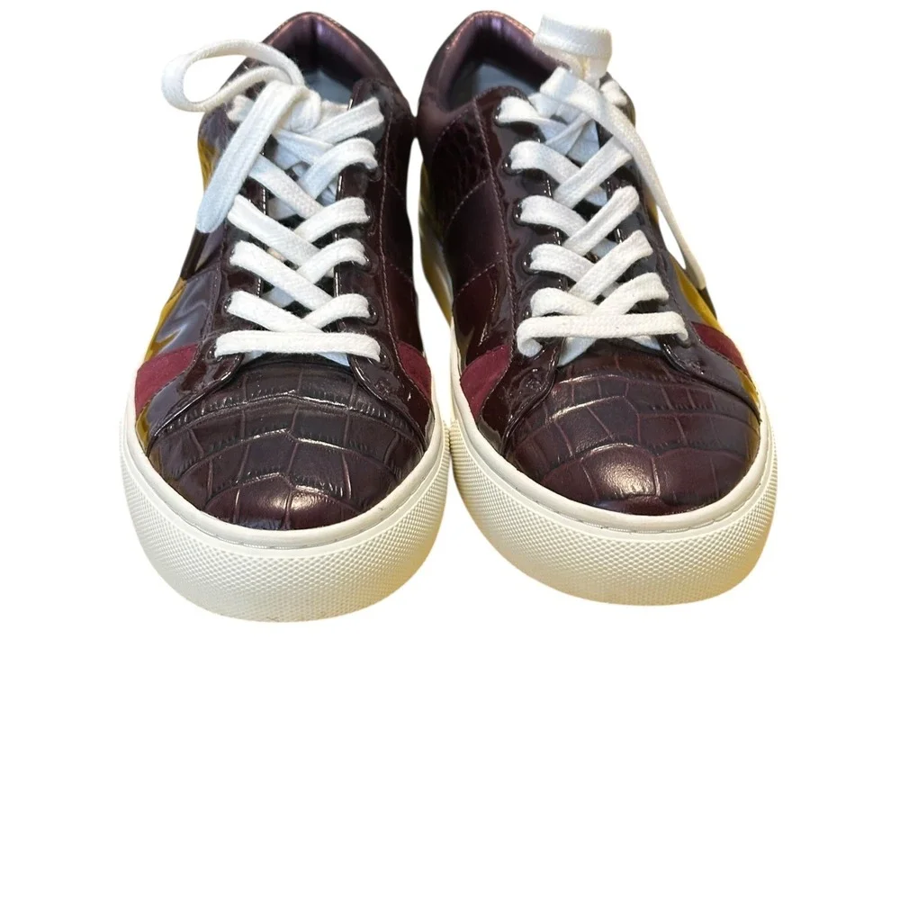 Tory‎ Burch Howell Court Sneakers Burgundy Croc Patent Leather Multi Colorblock